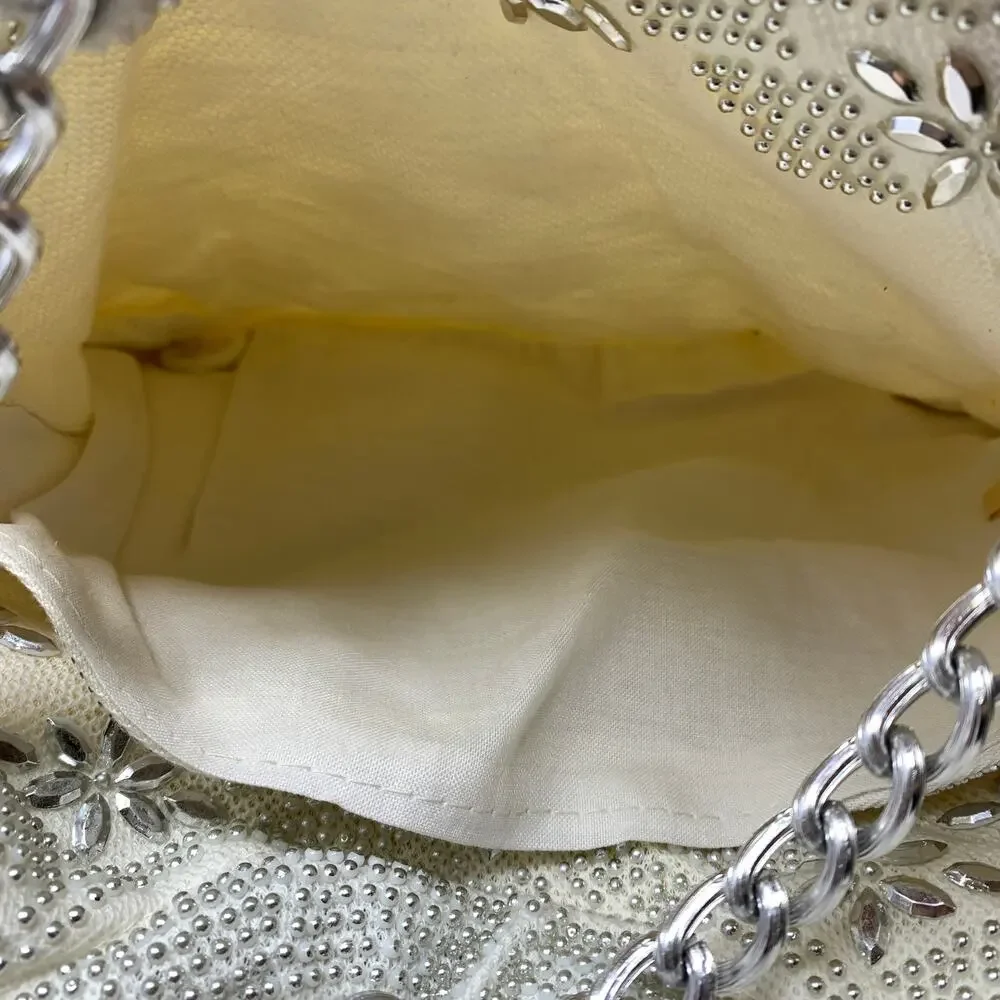 Vintage Y2K White Beaded Rhinestone Evening Bag Silver Chain Bridal Purse Glam